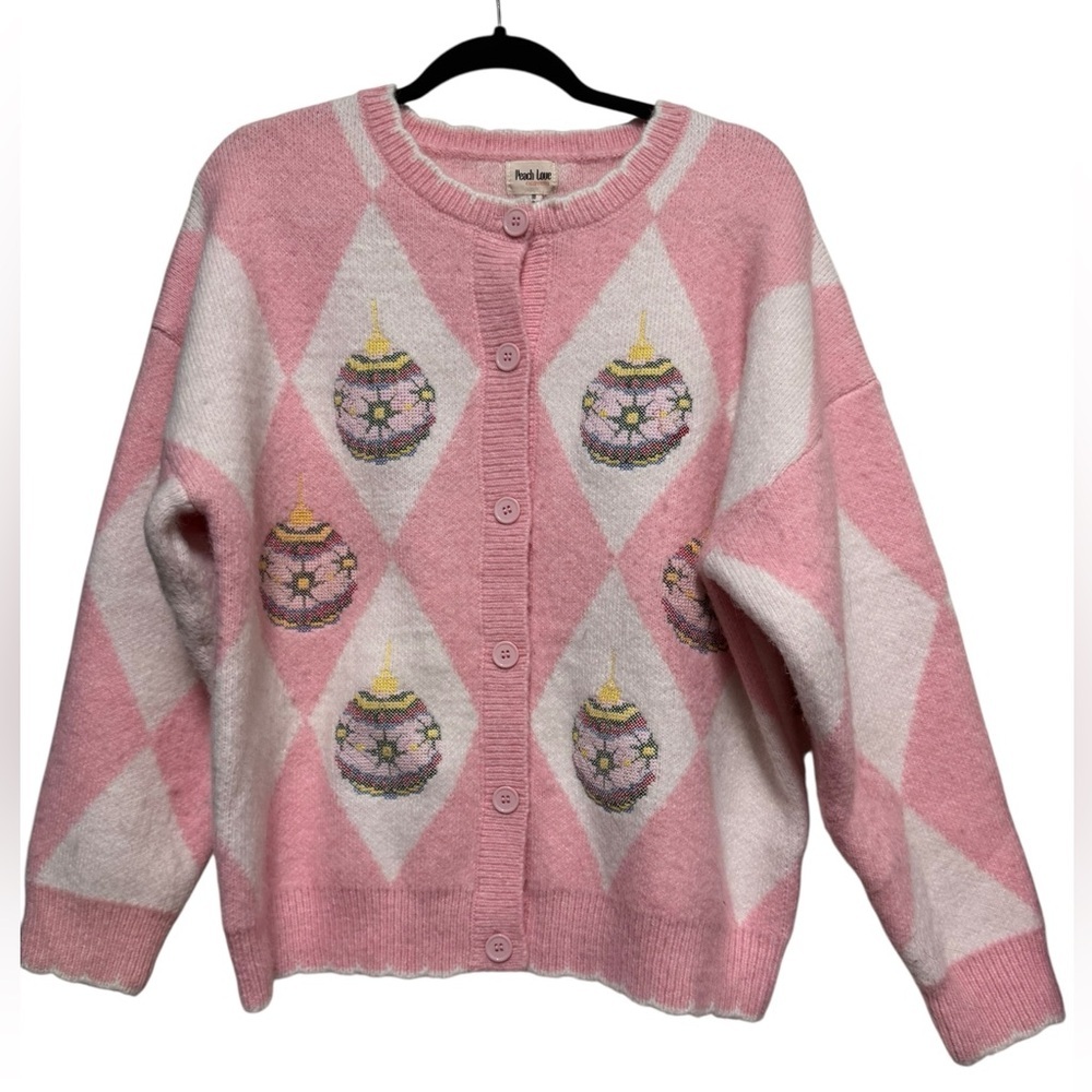 Peach Love - Pink Diamond Pattern Button-Up Holiday Cardigan Sweater size M